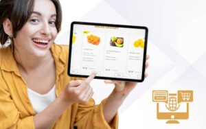 Selling digital products. Person show website with his digital produtcs