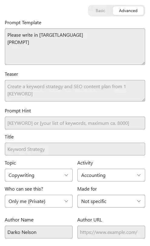 AIPRM Advanced prompt editor for building a detailed ChatGPT prompt