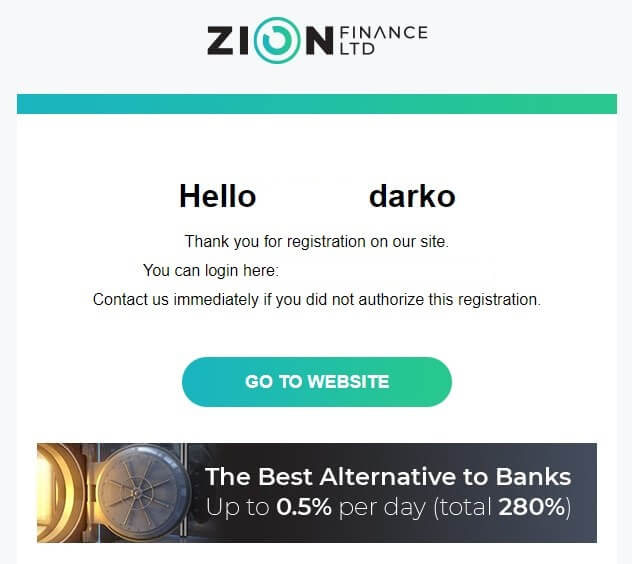 Zion Finance potvrda registracije preko maila