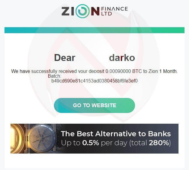 Zion Finance obavjest o primljenoj uplati