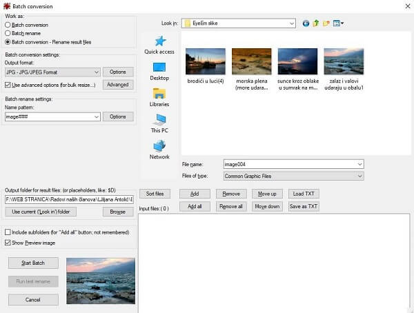 IrfanView Batch conversion glavni prozor