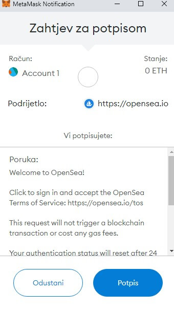 OpenSea metamask zahtjev za potpisom