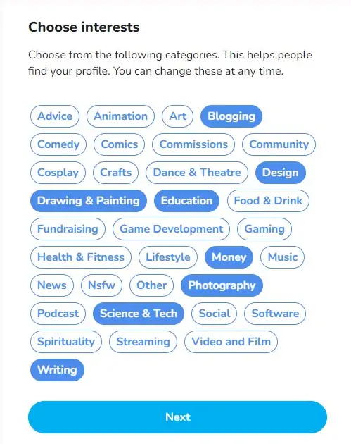 Ko-Fi odabir interesa