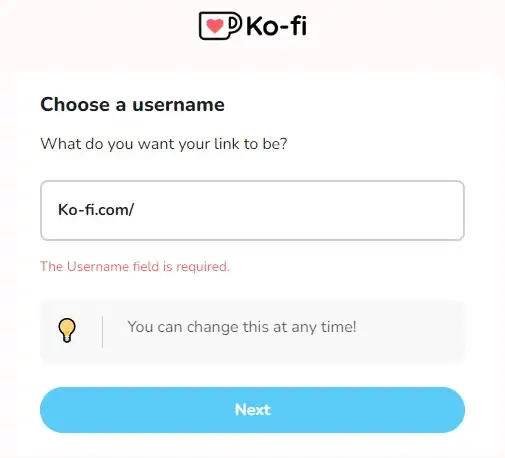Ko-Fi odabir korisničkog imena