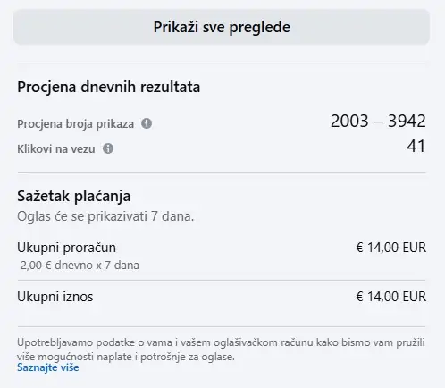 Facebook reklamiranje- procjena dosega