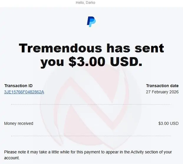 Dokaz isplate sa ZoomBucks platforme preko PayPal-a.