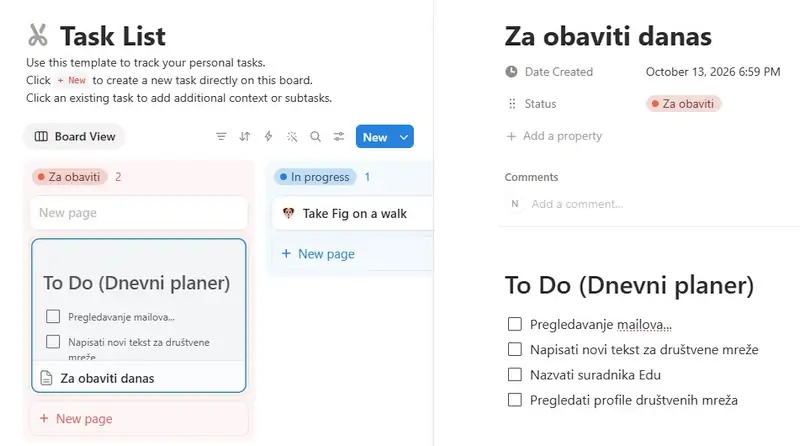 Planer zadataka izrađen u Notionu